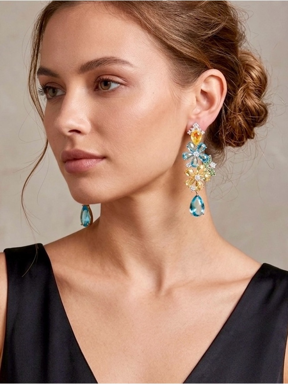 Colorful Crystal Flower Drop Earrings | Statement Floral Dangle |Glam Luxe Style